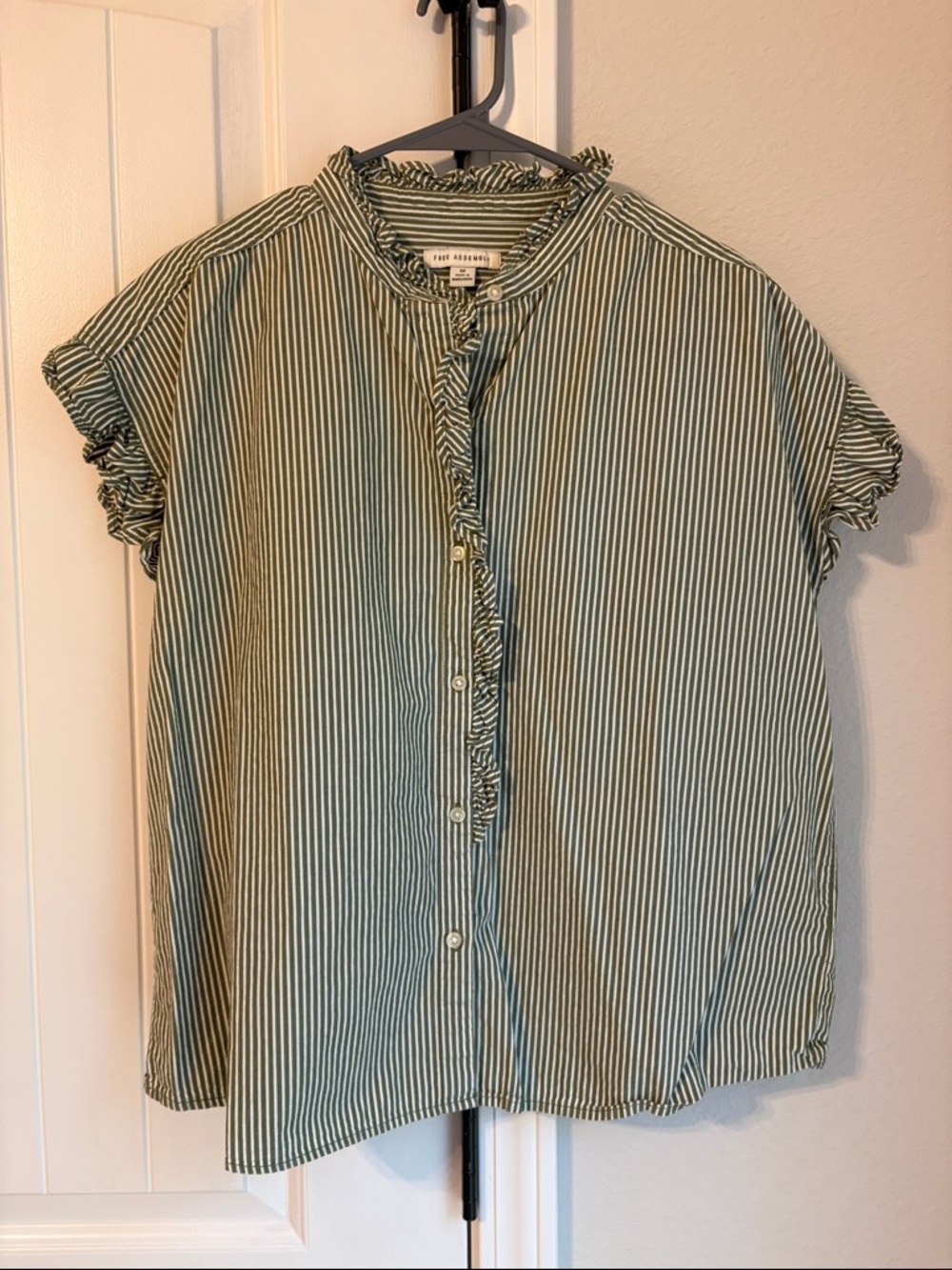 Ruffle-Trim Striped Button-Down Shirt - Green